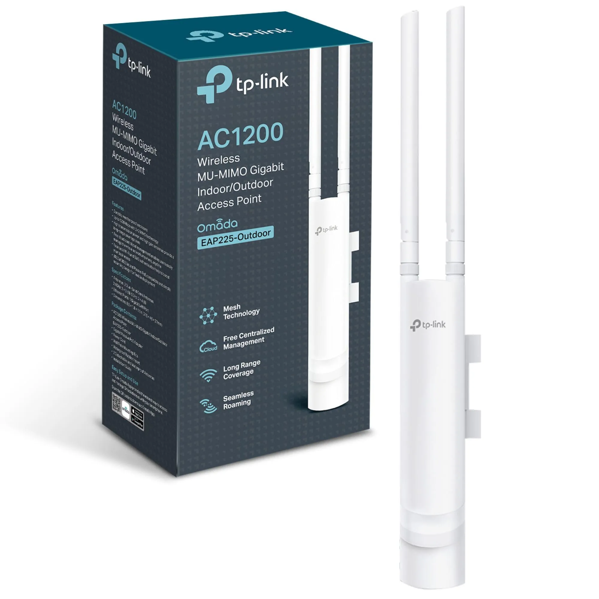 TP-Link Omada EAP225-Outdoor V1 AC1200 – външна двулентова Wi‑Fi точка за достъп, Gigabit LAN, PoE, Mesh и IP65