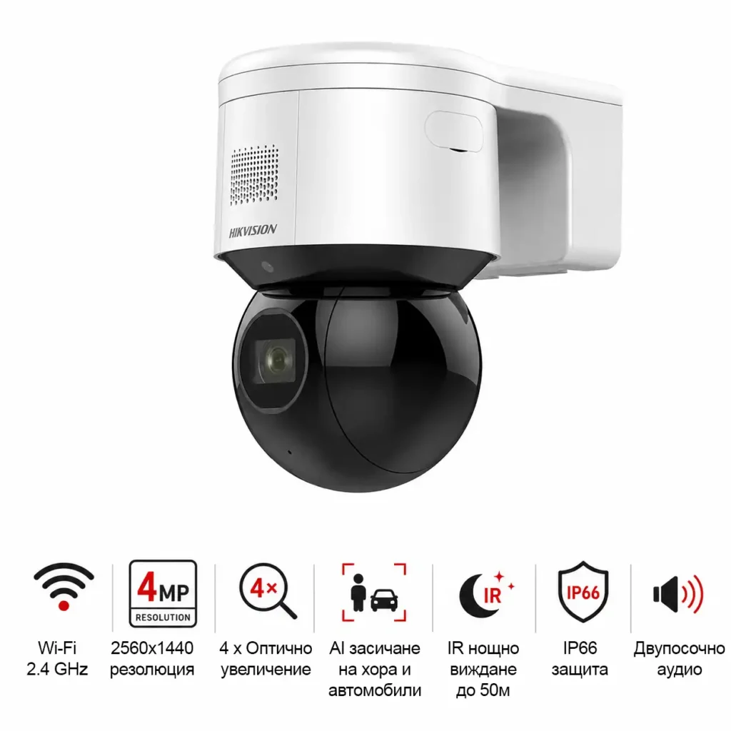 Hikvision DS-2DE3A404IWG-E/W – 4MP Wi-Fi/PoE PTZ IP камера с 4× оптичен zoom, DarkFighter и AI класификация