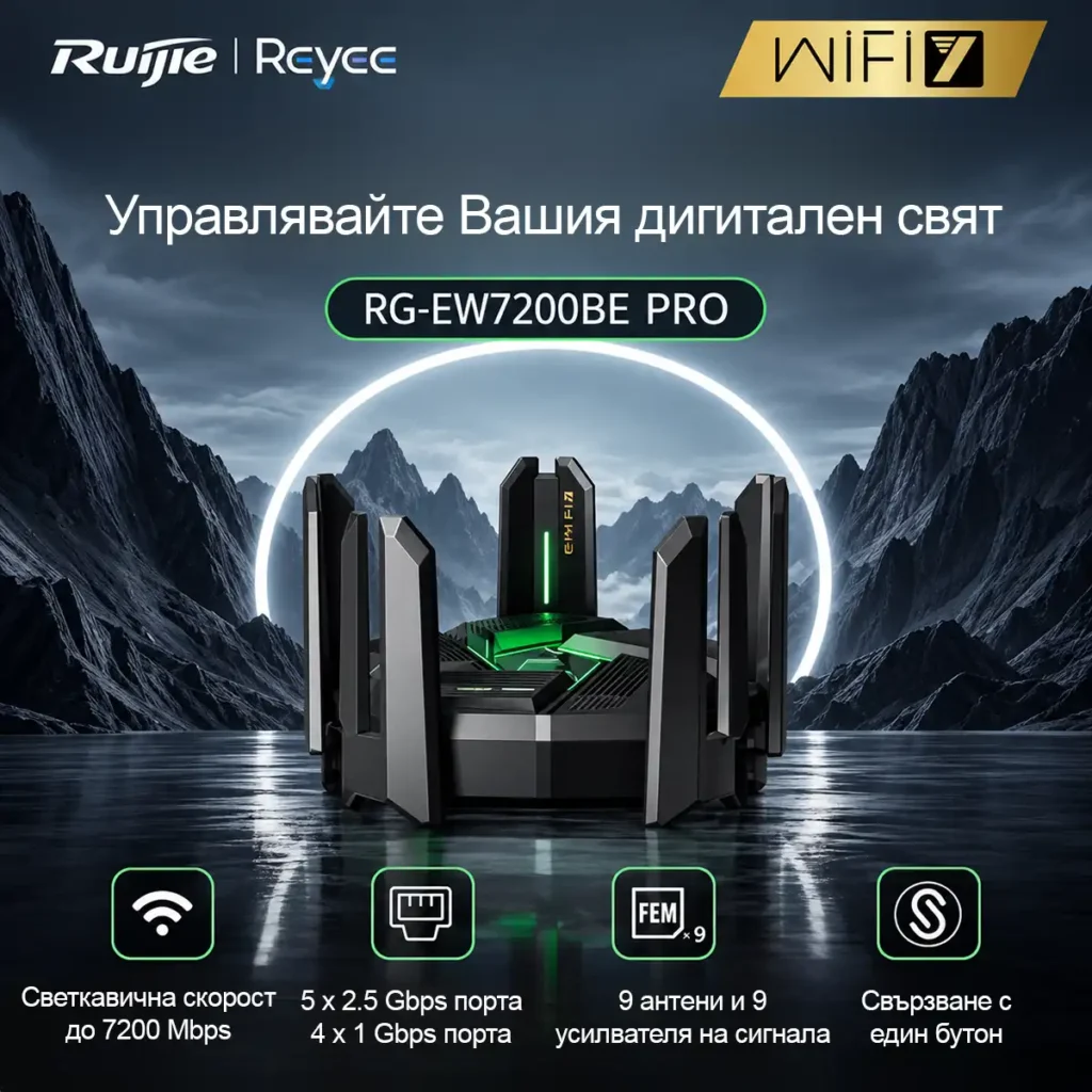 Ruijie Reyee RG-EW7200BE PRO – мощен BE7200 Wi-Fi 7 Mesh рутер с 9 антени, MLO и 5× 2.5 GbE