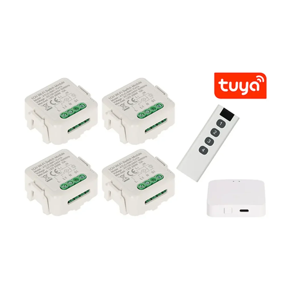 ATLO-SW-TUYA-4 – Комплект от 4 интелигентни WiFi релета за осветление с Zigbee дистанционно и Tuya Smart хъб