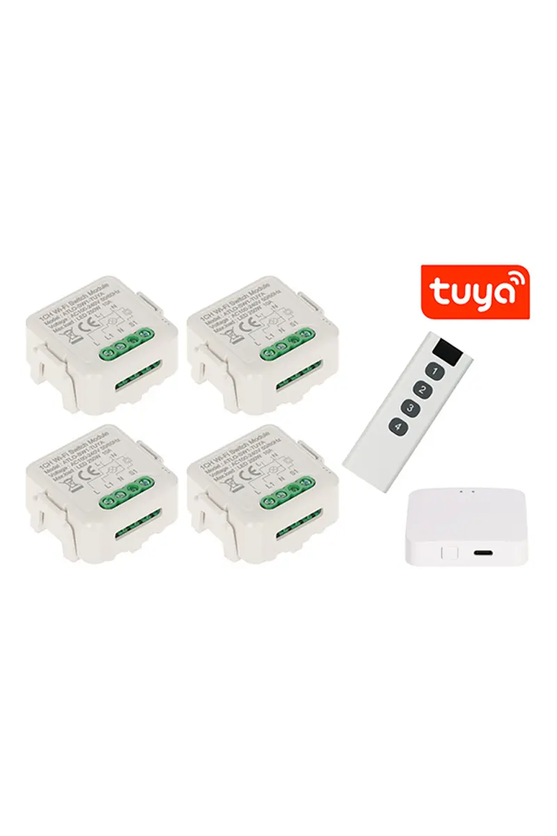 ATLO-SW-TUYA-4 – Комплект от 4 интелигентни WiFi релета за осветление с Zigbee дистанционно и Tuya Smart хъб