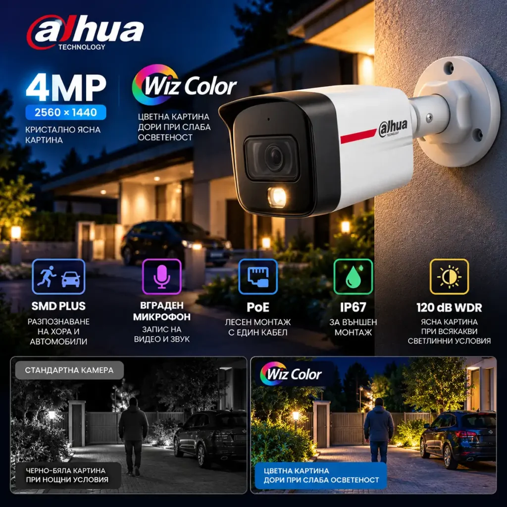 Dahua IPC-HFW1439TC1-A-LED-0280B-PRO – 4MP WizColor Lite IP булет камера, 2.8 mm, SMD+, микрофон, PoE