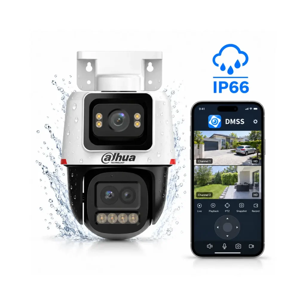 Dahua IPC-PTS2449C-4E3Z-S-PV-PRO – Двойна IP PTZ камера 6MP (4MP+2MP), WizColor, 6x хибриден Zoom, AI проследяване, цветно нощно виждане до 50 м, активна защита със сирена, PoE, IP66