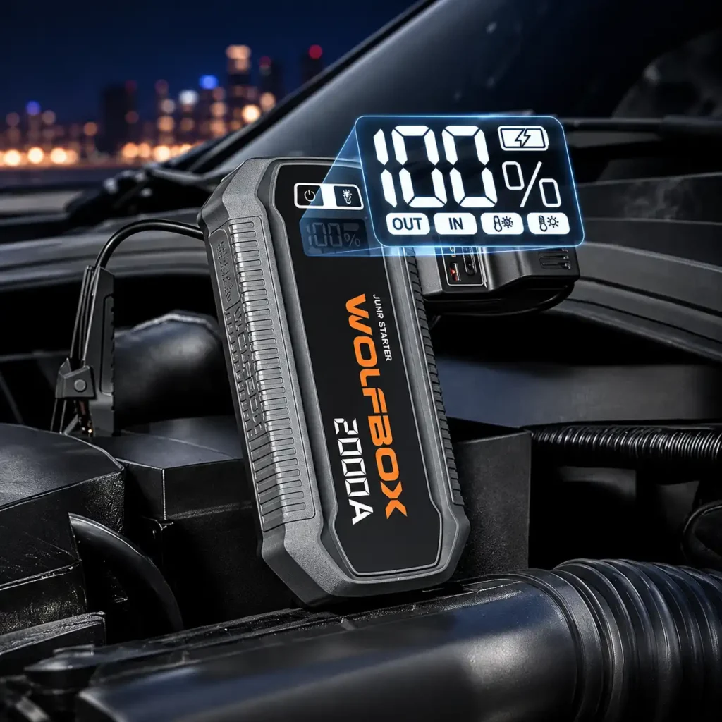 WOLFBOX MegaVolt 12 Jump Starter 2000A за 12V автомобили, Power Bank 30W, LCD дисплей и LED фенер